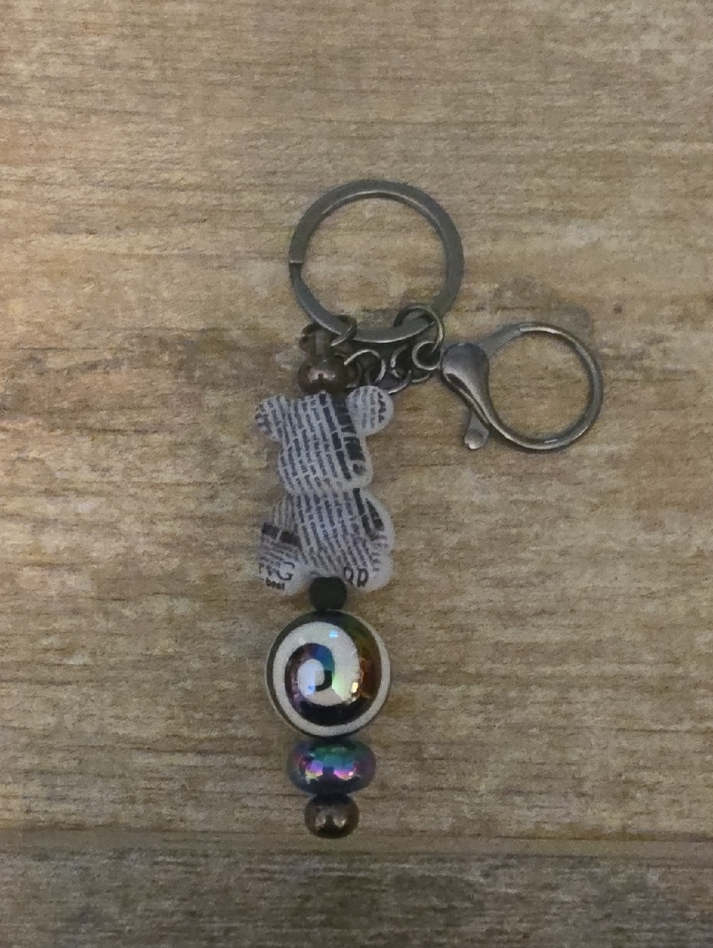 Black & White Newspaper Focal Bead Bear Keychain NWT